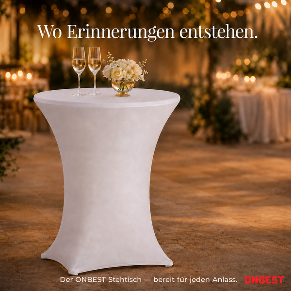ONBEST Stehtisch mit weißem Stretchbezug, zwei Sektgläsern und Blumenvase in festlich beleuchtetem Außenbereich, ONBEST Logo.