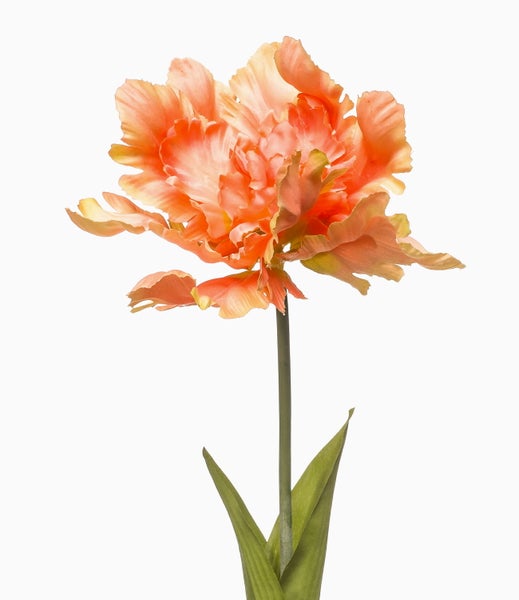 Künstlicher Pflanzenzweig mit grünen schmalen Blättern und kleinen rosa Blütenknospen.