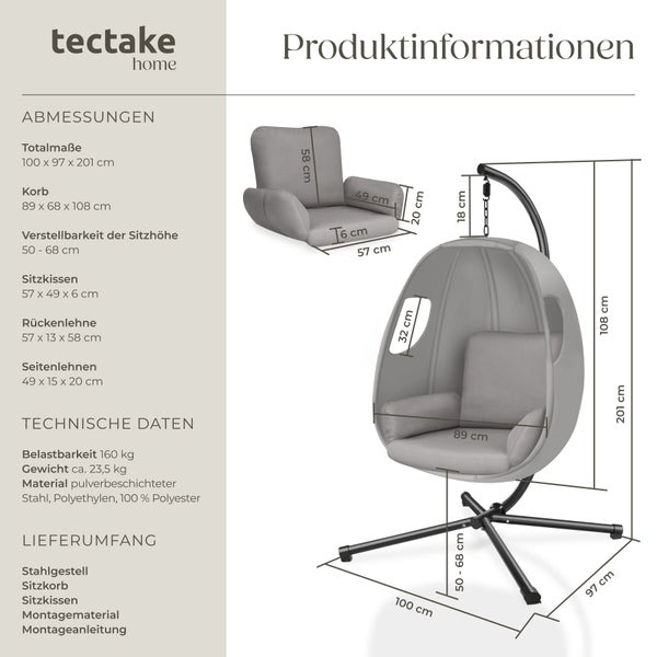 tectake home Logo. Infografik zum Hängesessel mit Abmessungen für Gestell und Korb sowie technischen Daten zu Material und Belastbarkeit.