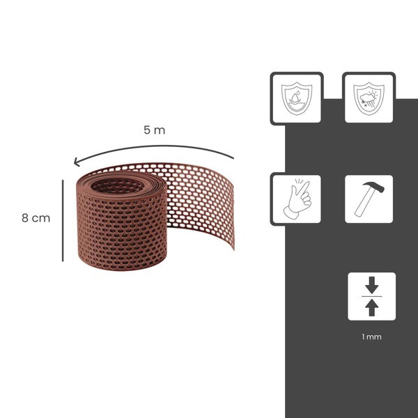 Braunes Traufgitter auf Rolle für Dächer, Höhe 8 Zentimeter, Länge 5 Meter, Stärke 1 Millimeter. Witterungsbeständig und einfache Montage.