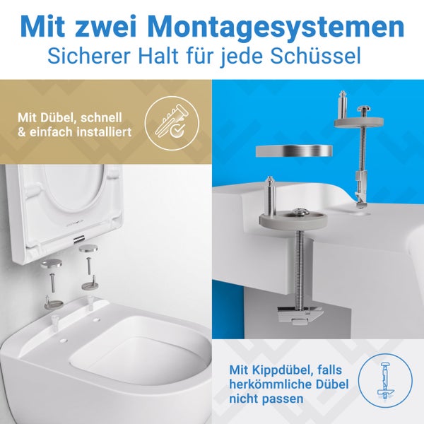 Infografik über zwei Montagesysteme für Toilettensitze mit Standarddübeln und Kippdübeln zur Befestigung auf verschiedenen Toilettenschüsseln.