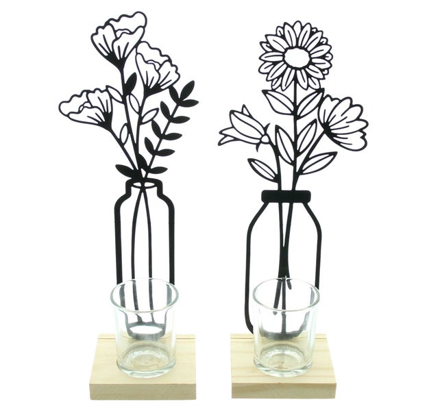 FRANK FLECHTWAREN | Teelichthalter Metallblumen, 2er Set, METALL, HOLZ, GLAS, 7 x 10,5 x 27,5 cm