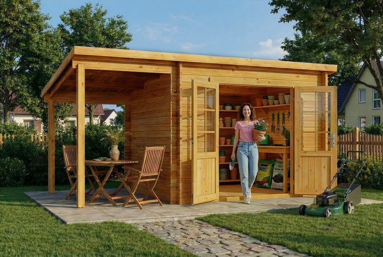 Modernes Gartenhaus aus Holz mit Pultdach, integrierter überdachter Terrasse mit Sitzgruppe und offenstehender Doppeltür zum Geräteraum.