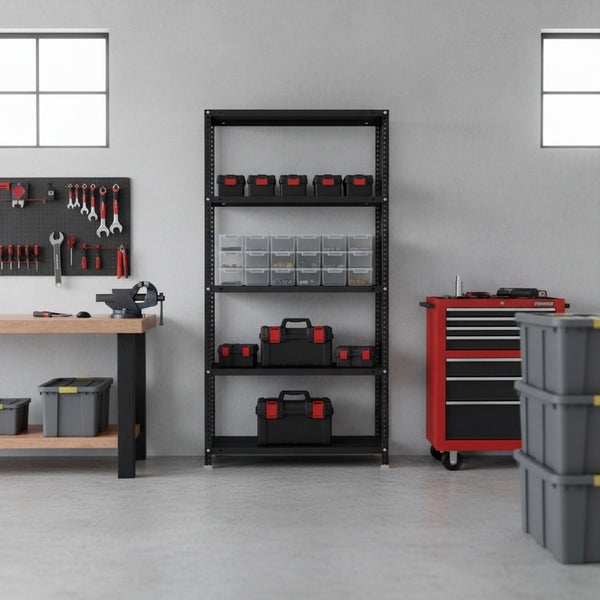 Organisierte Werkstatt mit schwarzem Schwerlastregal, Werkbank mit Lochwand für Werkzeug, rotem Werkstattwagen und diversen Aufbewahrungsboxen.