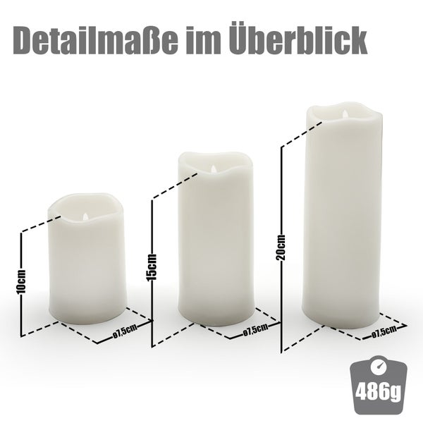 Drei LED Stumpenkerzen mit verschiedenen Höhen von 10 15 und 20 Zentimetern sowie einem Durchmesser von 7 5 Zentimetern inklusive Gewichtsangabe.