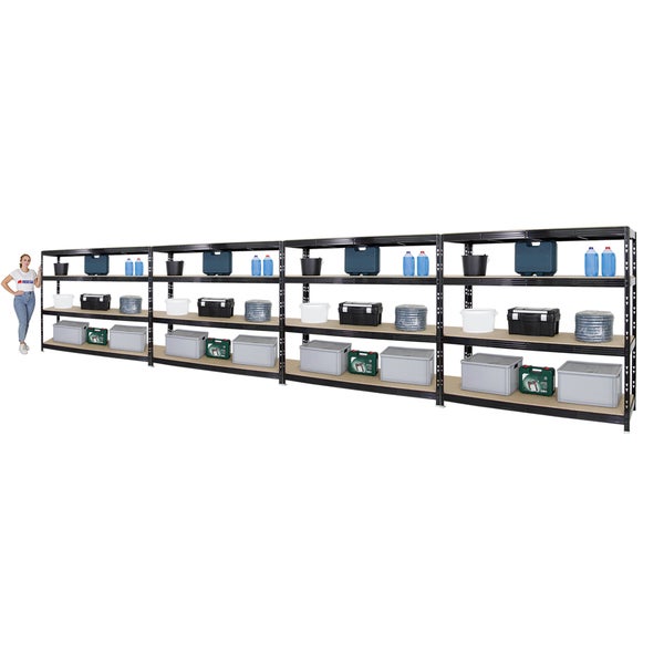 PROREGAL Mega Deal 4x Profi Schwerlastregal Rhino HxBxT 180 x 200 x 60 cm 4 Spanplatten-Ebenen 16mm Fachlast 500 kg Schwarz