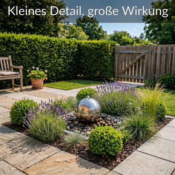 Edelstahl-Kugelbrunnen in einem Gartenbeet mit Lavendel und Gräsern auf einer Terrasse aus Natursteinplatten.