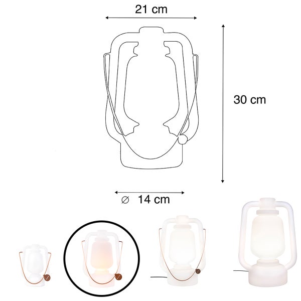 Maßzeichnung einer Laternenleuchte mit 30 Zentimeter Höhe, 21 Zentimeter Breite und 14 Zentimeter Durchmesser sowie verschiedene Größenansichten.