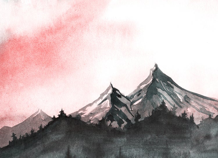 Aquarellmalerei einer Berglandschaft mit Nadelwald-Silhouette im Vordergrund.