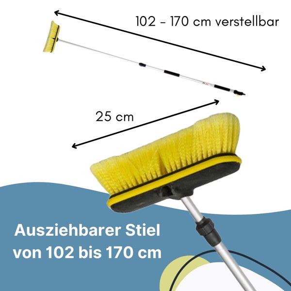 Teleskop-Waschbürste mit ausziehbarem Stiel von 102 bis 170 Zentimeter und 25 Zentimeter breitem Bürstenkopf.