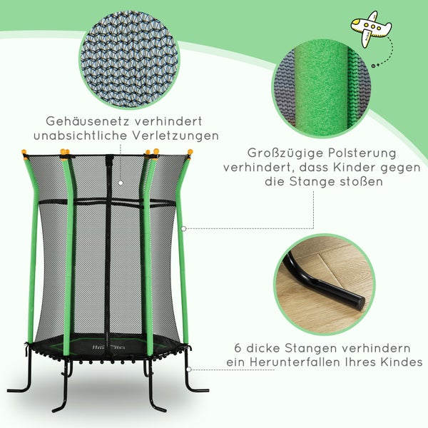 Detailansicht eines Gartentrampolins mit Sicherheitsnetz und gepolsterten Stangen