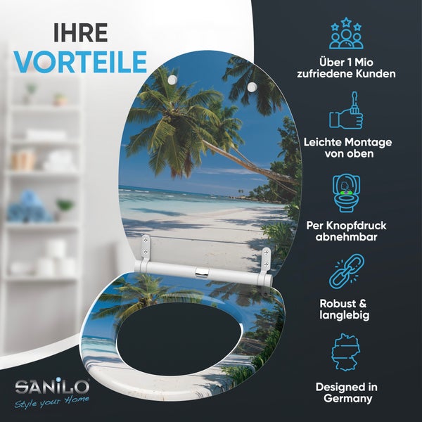WC-Sitz mit Strandmotiv und Palmen, inklusive Produktvorteilen wie einfacher Montage, Schnellverschluss und Sanilo Logo.