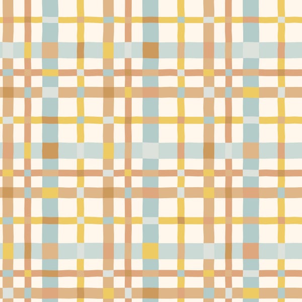 Tapete mit handgezeichnetem Karomuster in Gelb, Blau und Braun.