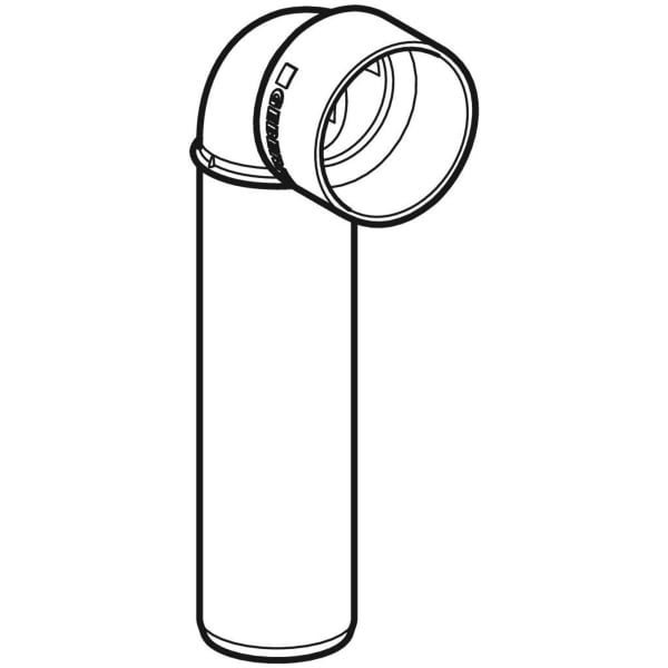Anschlussbogen 90 Grad aus Kunststoff mit Muffe für Abwassersysteme. Geberit Logo.