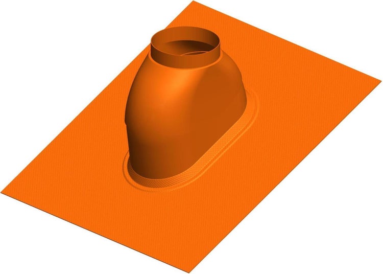 Orangefarbene universelle Dachdurchführung für Lüftungsrohre mit flexibler Manschette und rechteckiger Grundplatte.