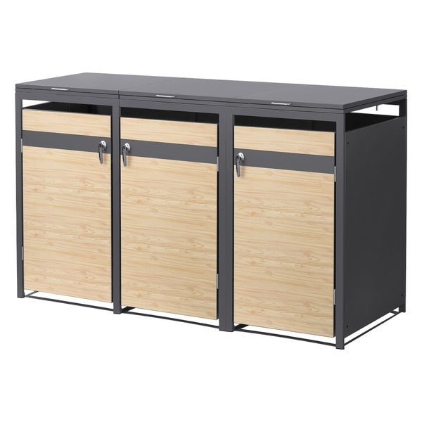 Dreier Mülltonnenbox aus Metall mit Türen in Holzoptik und Klappdeckeln.