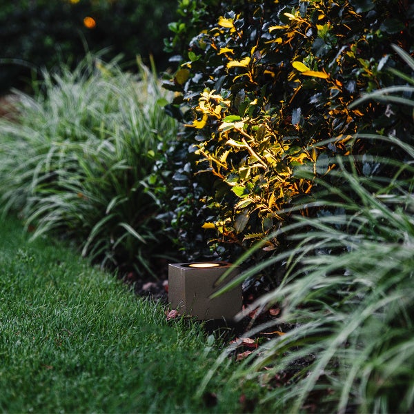 Quadratischer Gartenstrahler beleuchtet einen Busch in einer Gartenanlage mit warmem Licht.