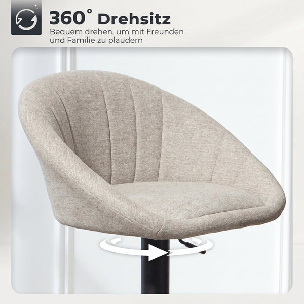 Barhocker mit gepolsterter Sitzschale aus strukturiertem Stoff und 360 Grad Drehsitz.