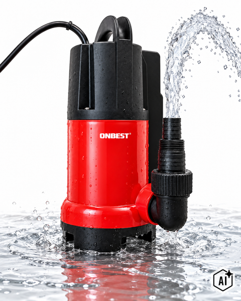 Tauchpumpe Onbest mit Anschluss für Wasserschlauch stehend in Wasser mit spritzendem Wasserstrahl