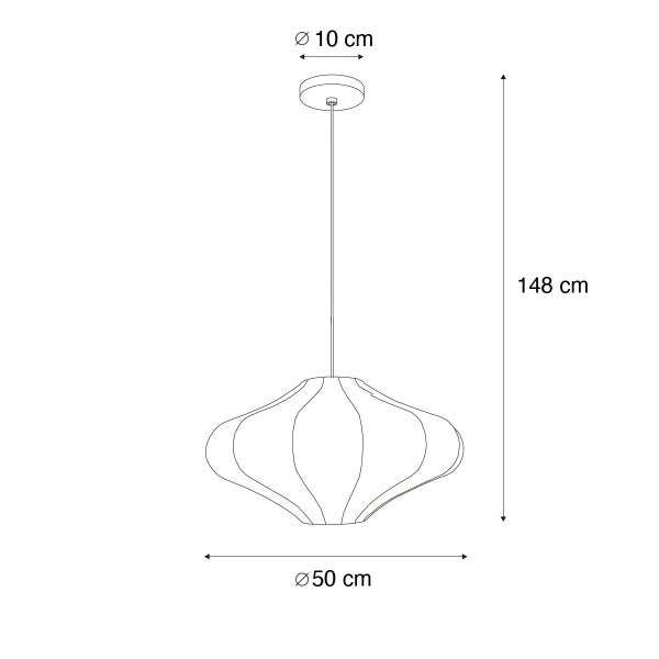 Skizze einer Pendelleuchte mit Maßen: Gesamthöhe 148 Zentimeter, Schirmdurchmesser 50 Zentimeter und Baldachindurchmesser 10 Zentimeter.