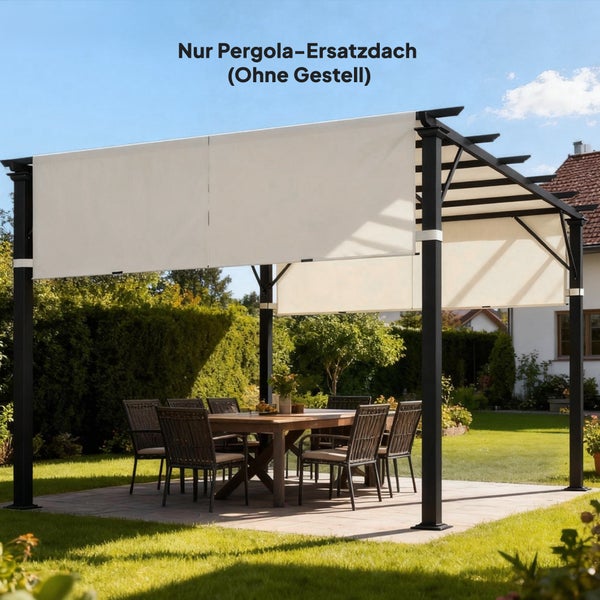 Stoff-Ersatzdach für eine Pergola ohne Gestell, gespannt über einen hellen Essbereich im Garten mit Holztisch und Stühlen.