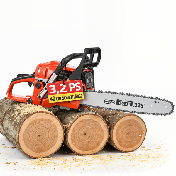 Motorsäge mit 3,2 PS und 40 cm Schnittlänge auf Baumstämmen