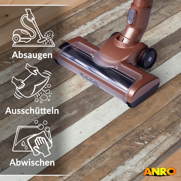 Bodenbelag in Holzoptik mit Symbolen für Absaugen, Ausschütteln und Abwischen sowie ANRO Logo.
