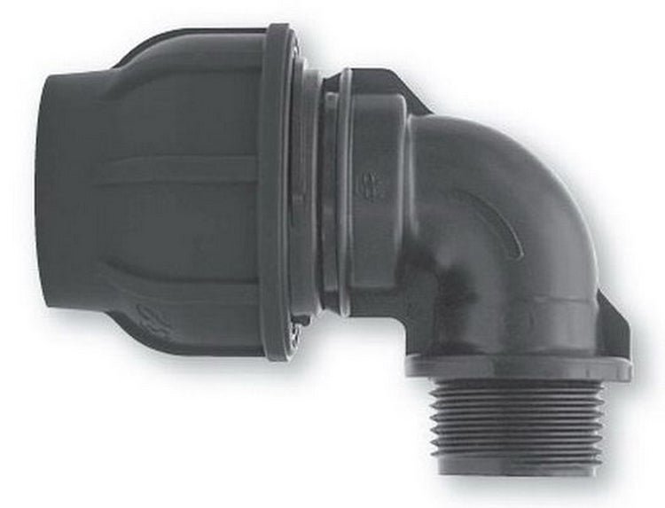 Polyethylen-Winkel 90 Grad mit Klemmverbindung und Außengewinde aus schwarzem Kunststoff.