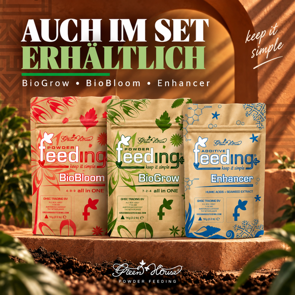 Drei Packungen Green House Powder Feeding Pflanzendünger BioGrow, BioBloom und Enhancer als Set für die organische Pflanzenpflege.