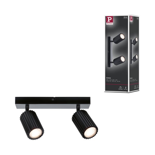 Paulmann Logo. Lira Deckenleuchte mit zwei Strahlern und Produktverpackung.