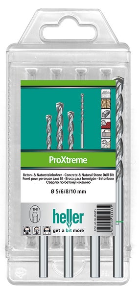 Heller ProXtreme Beton- und Natursteinbohrer-Set, 4-teilig, Durchmesser 5, 6, 8 und 10 Millimeter in Kunststoffverpackung.