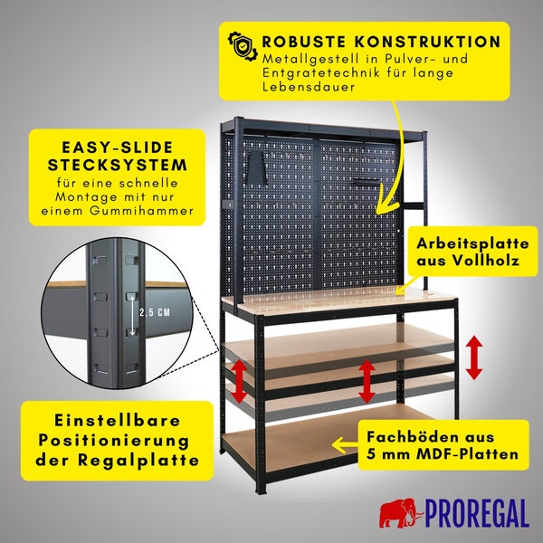 Proregal Werkbank mit Metallgestell, Massivholz-Arbeitsplatte, Lochwand und höhenverstellbaren 5 Millimeter Fachböden. Einfaches Stecksystem.