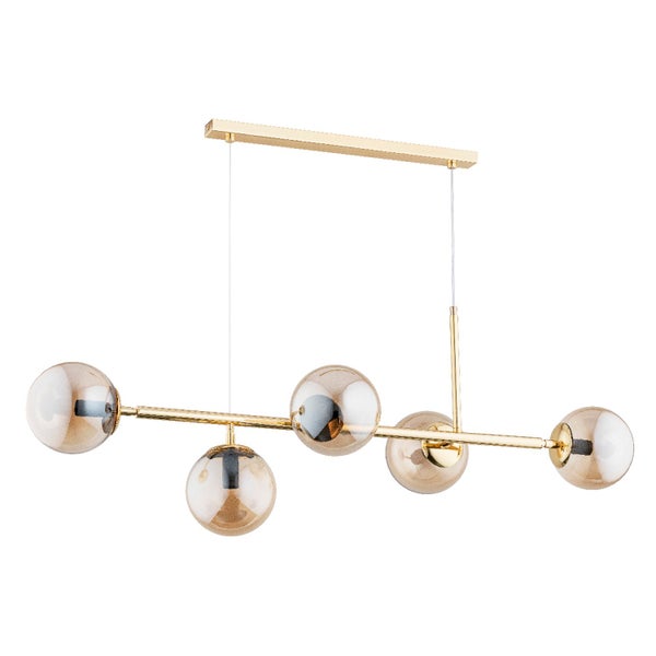 Moderne Pendelleuchte mit fünf gläsernen Kugelschirmen und metallischer Aufhängung in länglicher Form.