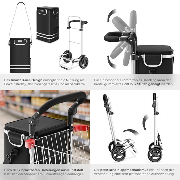 Mehrfachansicht eines 3-in-1 Einkaufstrolleys mit Tragetasche und Sackkarrenfunktion
