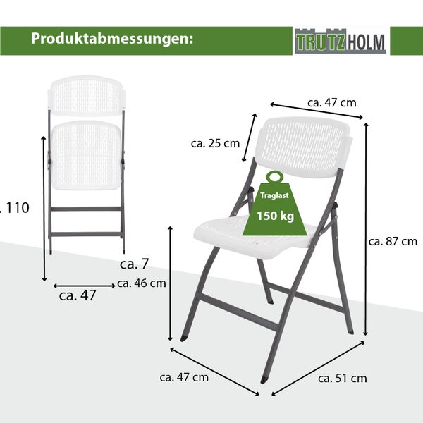 Technische Zeichnung mit Produktabmessungen für einen klappbaren Stuhl der Marke Trutzholm mit einer Traglast von 150 Kilogramm.