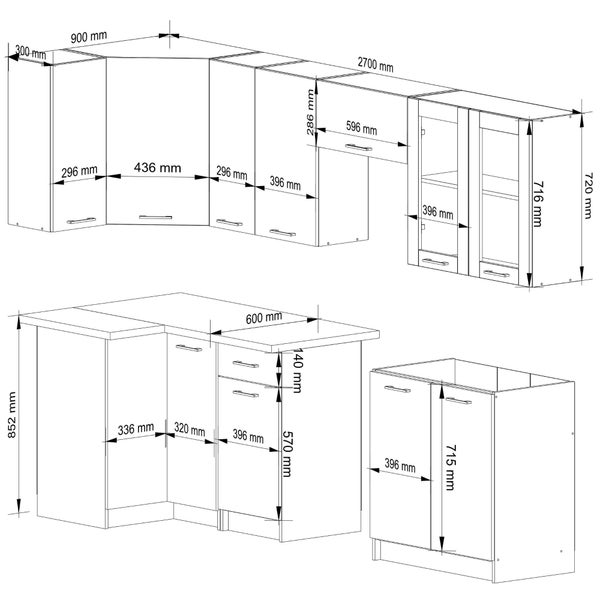 Skizze einer Küchenzeile mit Maßen.