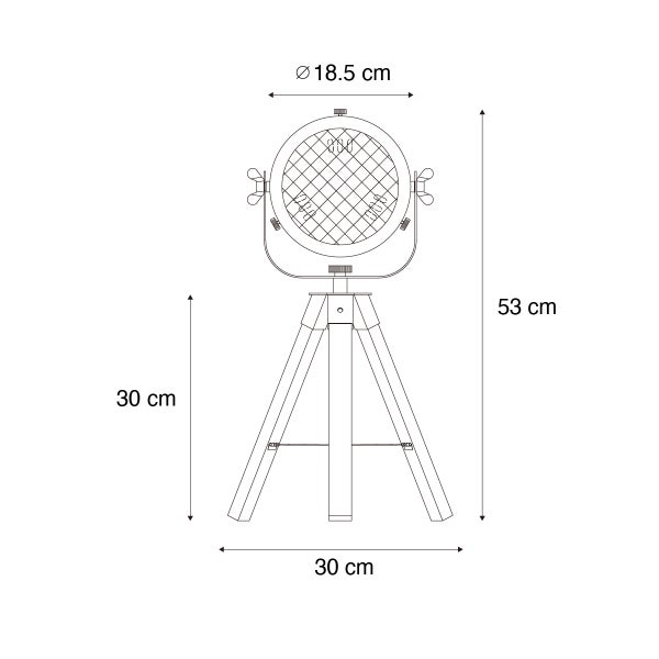 Technische Zeichnung einer Stehleuchte mit den Maßen 18,5 cm Durchmesser, 53 cm Höhe und 30 cm Breite