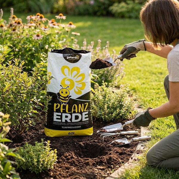 Frau im Garten verwendet torfreduzierte Pflanzerde und Gartenwerkzeuge wie Schaufeln in einem hellen Blumenbeet.