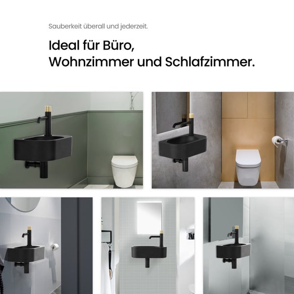 EMKE Hängewaschbecken für Ecke 400 x 215 mm, kleines rechteckiges Keramik, Wandwaschbecken, mit Hahnloch rechts, Höhe 12 cm, Schwarz, Perfekt für Badezimmer und Gäste-WC, leicht zu reinigen