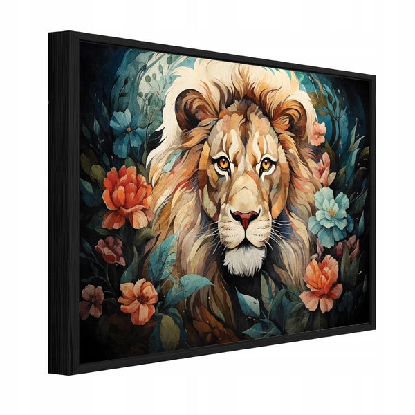 Wandbild mit Löwenmotiv und floralem Hintergrund in einem schwarzen Rahmen.