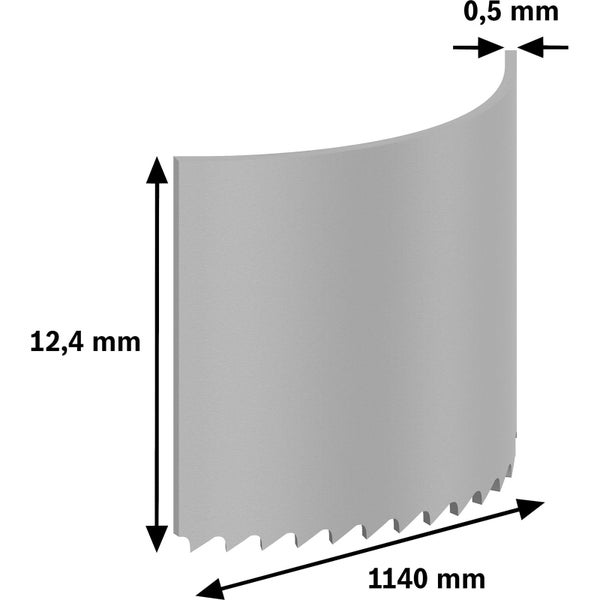 Sägeblatt mit den Maßen 1140 mm Länge, 12,4 mm Höhe und 0,5 mm Dicke
