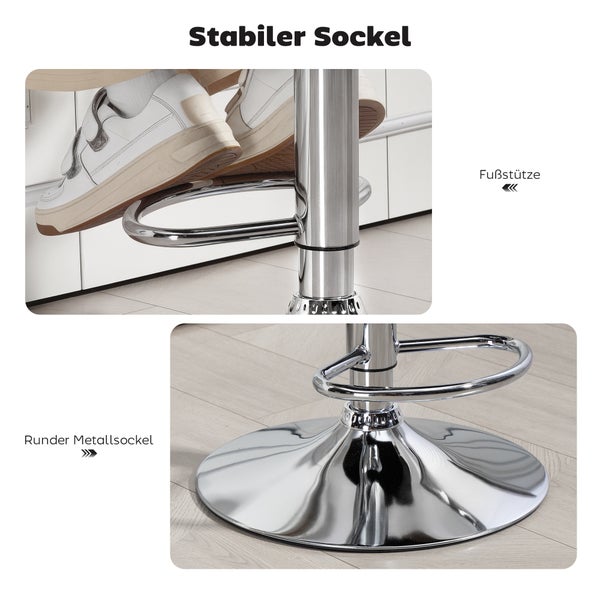 Barhocker mit stabilem rundem Metallsockel und kreisförmiger Fußstütze.