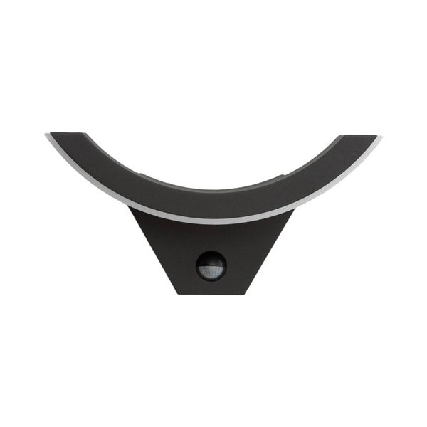 Gebogene Außenwandleuchte in Anthrazit mit integriertem Bewegungsmelder.