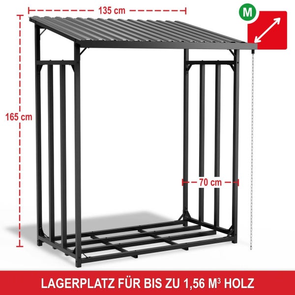 Kaminholzregal aus Metall mit Schrägdach, Breite 135 Zentimeter, Höhe 165 Zentimeter, Tiefe 70 Zentimeter, Platz für bis zu 1,56 Kubikmeter Holz.