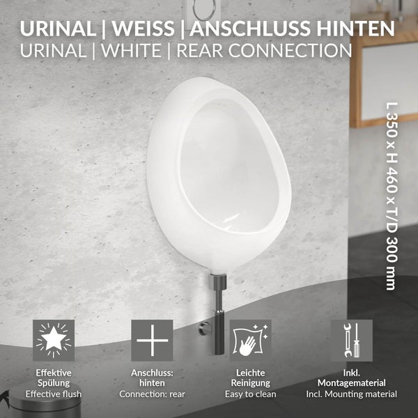 ECD Germany Urinal Weiß Zulauf von hinten, Hochwertige Keramik Pinkelbecken, Modernes Design Pissoir, 35x46x30 cm, oval, Spülrand geschlossen, Senkrechter Ablauf, WC-Urinal Absaugeurinal Urinalbecken
