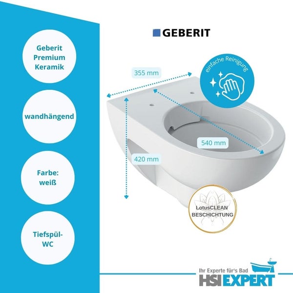 Geberit Wand-Tiefspül-WC aus Premium Keramik mit LotusClean Beschichtung und den Maßen 355 mm x 420 mm x 540 mm