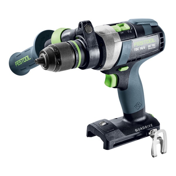 Festool Akku-Bohrschrauber TDC 18/4 Quadrive mit bürstenlosem Motor und Zusatzhandgriff.