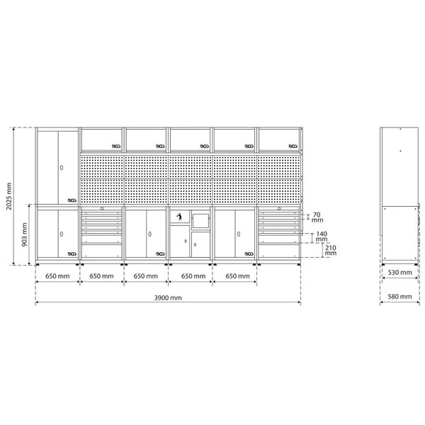 Zeichnung einer Werkbank mit Schubladen und Schrank mit Maßangaben
