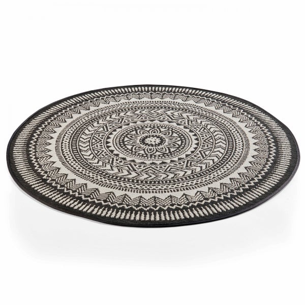 Runder Teppich für innen und außen mit geometrischem Mandala-Muster.
