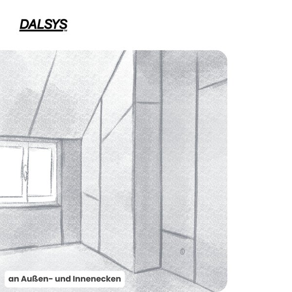 DALSYS Logo. Skizze eines Zimmers mit Dachschräge und Fenster zur Veranschaulichung der Montage an Außen- und Innenecken.
